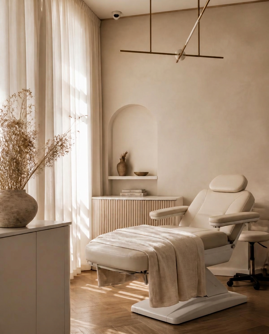 Warm minimal treatment room inside the Maison Aesthetics beauty studio in Calgary